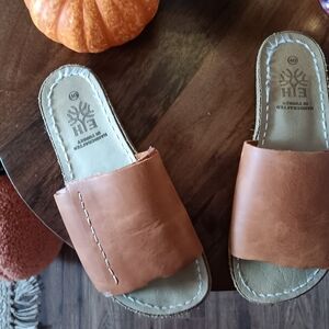 Earth Harmony With Copper Rivet Brown Leather Slide Sandals